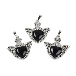 Обсидиан Природные подвески обсидиана, с реечной обшивкой латунными выводами, платина, без кадмия и без свинца, сердце, 33x32.5x6.5 мм, отверстие : 5x8 мм