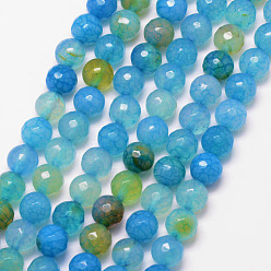 Deep Sky Blue Natural Crackle Agate Bead Strands, Round, Grade A, Faceted, Dyed & Heated, Deep Sky Blue, 8mm, Hole: 1mm, about 47pcs/strand, 15 inch