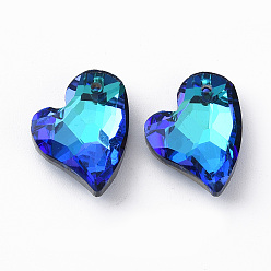 Medium Blue Electroplated Glass Pendants, Silver Plated Bottom, Faceted, Heart, Medium Blue, 17x14x5mm, Hole: 1.2mm, about 24pcs/board, 5board/box