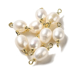 Floral White Natural Pearl Connector Charms, Potato Links with Real 18K Gold Plated Brass Double Loops, Floral White, 23~24x8.5~10mm, Hole: 1.5mm