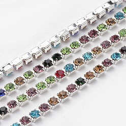 Colorful Brass Rhinestone Strass Chains, with Spool, Rhinestone Cup Chains, Silver Color Plated, Colorful, 2.5mm, about 10yards/roll