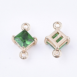 Sea Green Transparent Glass Links connectors, with Brass Findings, Faceted, Rhombus, Light Gold, Sea Green, 11x7x4mm, Hole: 1mm, Side Length: 5mm
