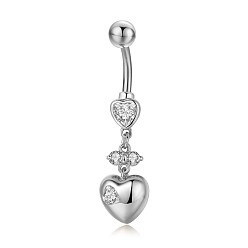 Clear Piercing Jewelry, Brass Cubic Zirciona Navel Ring, Belly Rings, with 304 Stainless Steel Bar, Lead Free & Cadmium Free, Heart, Clear, 41mm, Pendant: 19x10mm, Bar: 14 Gauge(1.6mm), Bar Length: 3/8"(10mm)