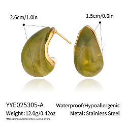 Цвет Оливы 304 серьги-гвоздики-капли из нержавеющей стали, cmолой, реальный 18 k позолоченный, оливковый, 26x15 мм