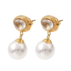 Golden 304 Stainless Steel Pave Clear Cubic Zirconia Stud Earrings, Oval, ABS Plastic Pearl Dangle Earrings, Golden, 26.5x13mm