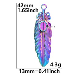Rainbow Color 201 Stainless Steel Pendant Cabochon Seetings, Leaf, Rainbow Color, Tray: 6x4mm, 42x13mm, Hole: 2.5mm