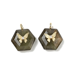 Лабрадорита Ограненные подвески из натурального лабрадорита, Шестиугольные подвески с латунной паве из прозрачных кубических цирконий в форме бабочки, реальный 18 k позолоченный, долговечный, стойки покрытие, 22x19x10 мм, отверстие : 3.5x2 мм