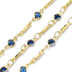 Marine Blue Cubic Zirconia Flat Round Link Chains, with Real 18K Gold Plated Brass Findings, Soldered, with Spool, Marine Blue, 4x8x1.5mm