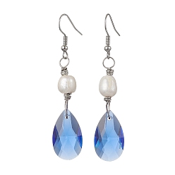 Platinum Glass Teardrop & Natural Pearl Dangle Earrings, Alloy Long Drop Earrings, Platinum, 63x13mm