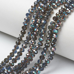 Dark Blue Electroplate Glass Beads Strands, Half Plated, Rainbow Plated, Faceted, Rondelle, Dark Blue, 6x5mm, Hole: 1mm, about 85~88pcs/strand, 16.1~16.5 inch(41~42cm)