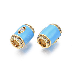 Deep Sky Blue Brass Micro Pave Clear Cubic Zirconia European Beads, with Enamel, Large Hole Beads, Nickel Free, Real 18K Gold Plated, Column with Eye, Deep Sky Blue, 16x11.5mm, Hole: 6.5mm