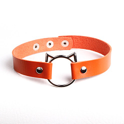 orange Cute Cat Head PU Leather Collar for Punk Fashion Street Style with Lock and Clavicle Chain Jewelry