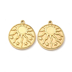 Real 14K Gold Plated 304 Stainless Steel Pendants, Flat Round with Sun & Star Charm, Real 14K Gold Plated, 17x15x2mm, Hole: 1mm