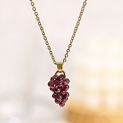 Golden Natural Garnet Pendant Necklaces, Titanium Steel Cable Chain Necklaces for Women, Golden, 19.69 inch(50cm)