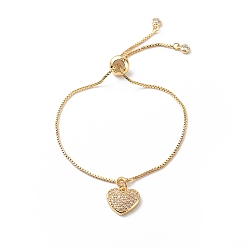 Golden Clear Cubic Zirconia Heart Pendant Slider Bracelet with Brass Box Chains for Women, Golden, Inner Diameter: 1-7/8~2-5/8 inch(4.9~6.6cm)