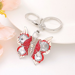 Red Zinc Alloy Keychain, with Enamel and Rhinestone, Butterfly, Red, 9.32cm