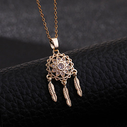 B Boho Fringe Dreamcatcher Pendant Necklace with CZ Stones, Gold Plated Sweater Chain Jewelry