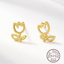 Golden Sterling Silver Stud Earrings, Tulip Flower Earrings for Women, Golden, 8x5mm