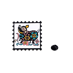Pig Chinese Style Alloy Enamel Pins, Square Stamp Brooch, Zodiac Sign Badge for Clothes Backpack, Pig, 30x30mm