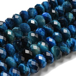 Blue Natural Tiger Eye Beads Strands, Faceted, Dyed, Rondelle, Blue, 8~8.5x5~5.5mm, Hole: 1mm, about 71pcs/strand, 15.31''(38.9cm)