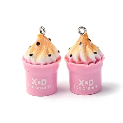 Pink Непрозрачные подвески смолы, мороженое, с платиновым тоном железная петля, розовые, 28.5~29x17~17.5 мм, отверстие : 2 мм