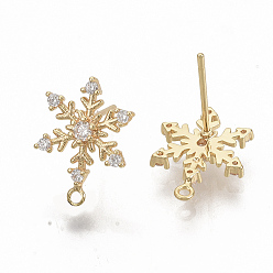 Real 18K Gold Plated Christmas Theme, Brass Cubic Zirconia Stud Earring Findings, with Loop, Snowflake, Nickel Free, Real 18K Gold Plated, 15x11mm, Hole: 1mm, Pin: 0.9mm