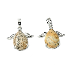 Пейзажный Джаспер Естественного изображения яшмы подвески, Подвески-капли со стойкой, латунные крылья с платиновым покрытием, крылья из латуни, без кадмия и без свинца, без кадмия и без свинца, 22~22.5x24.5x8~9 мм, отверстие : 7x5 мм