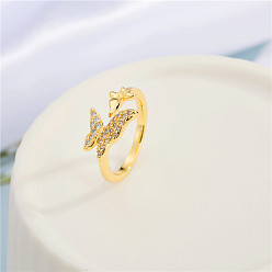 Butterfly Geometric Gold Ring with Hollow-out Design and Diamond Inlay Chain Wrap