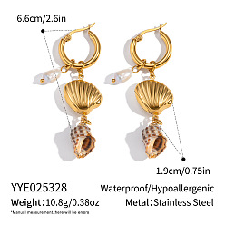 Shell Shape Серьги из 304 нержавеющей стали, реальный 18 k позолоченный, с имитацией жемчуга, формы раковины, 66x19 мм