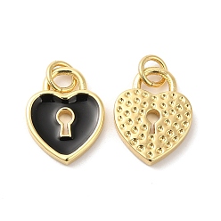 Black Real 16K Gold Plated Brass Enamel Charms, with Jump Ring, Heart Lock Charms, Black, 14.5x11.5x2mm, Hole: 3.5mm