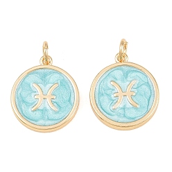 Pisces Brass Enamel Pendants, Flat Round & Constellation Charms, Rack Plating, Long-Lasting Plated, Cadmium Free & Lead Free, Golden, Pisces Charms, 17.5x15x2mm, Hole: 3mm