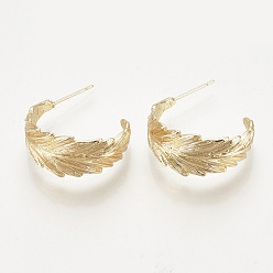 Real 18K Gold Plated Brass Stud Earrings, Half Hoop Earrings, Leaf, Nickel Free, Real 18K Gold Plated, 24x11.5mm, Pin: 0.8mm