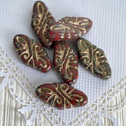 Dark Red Czech Glass Beads, Rhombus with Chinese Knot, Dark Red, 19x9mm