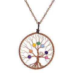 Red Copper Natural & Synthetic Mixed Gemstone Tree of Life Pendant Necklace, Brass Wire Wrap Necklace with Alloy Chains, Red Copper, 20.87 inch(53cm)