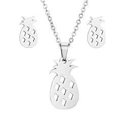 Stainless Steel Color 304 Stainless Steel Jewelry Sets, Pendant Necklaces and Stud Earrings, with Cable Chains, Earring Backs and Lobster Claw Clasps, Pineapple, Stainless Steel Color, 17.7 inch(45cm), 12x7x1mm, Pin: 0.8mm