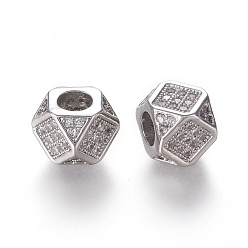 Real Platinum Plated Brass Micro Pave Cubic Zirconia Beads, Polygon, Clear, Real Platinum Plated, 6.5~7x6.5~7x6.5~7mm, Hole: 3mm, Diagonal Length: 9mm