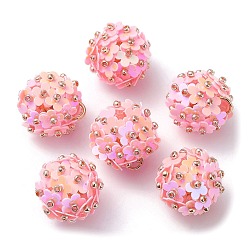 Pink PVC Plastic Paillette with Glass Seed Beaded Pendants, with Iron Loops, Flower Charms, Pink, 18x17mm, Hole: 4.3mm