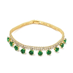 Real 18K Gold Plated Green Cubic Zirconia Diamond Charm Bracelet with Rack Plating Brass Link Chains, Long-Lasting Plated, Cadmium Free & Lead Free, Real 18K Gold Plated, 7-1/4 inch(18.5cm)