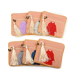 PeachPuff Linen Cloth Embroidery Clothes Jewelry Storage Zipper Pouches with Tassel, for Earrings Rings Bracelets, Square, Random Pattern, PeachPuff, 11.5x11.5cm
