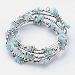 Larimar Natural Larimar Beaded Wrap Bracelets, with Steel Bracelet Memory Wire, Iron Beads and Brass Tube Beads, Platinum, 2-1/8 inch(54mm)