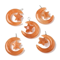 Красный Авантюрин Натуральный красный авантюрин подвески, луна со звездными чарами, с петлями из медной проволоки, платина, 36~37x27~28x7.5~8 мм, отверстие : 4 мм