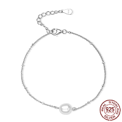 Platinum 925 Sterling Silver Shell Pearl Link Bracelets, with  Satellite Chains, Platinum, 6-3/4 inch(17cm)
