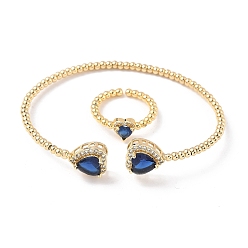 Темно-Синий Комплекты браслетов и колец из латуни с микропаве из кубического циркония для женщин, стойки покрытие, реальный 18 k позолоченный, темно-синий, браслет: 3~12ширина мм, внутренний диаметр: 61x50 мм