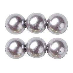 Silver Eco-Friendly Dyed Glass Pearl Round Beads Strands, Grade A, Cotton Cord Threaded, Silver, 14mm, Hole: 0.7~1.1mm, about 30pcs/strand, 15 inch
