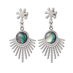 Нержавеющая Сталь Цвет Серьги-гвоздики с подвесками из ракушек пауа, С 304 результатами из нержавеющей стали, вентилятор, цвет нержавеющей стали, 38x20.5 мм