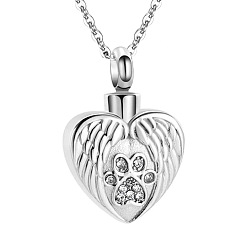 Clear Stainless Steel Pendant Necklaces, Urn Ashes Necklace, Heart with Wing, Clear, 0.98x0.71 inch(2.5x1.8cm)