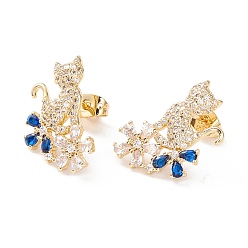 Blue Cat and Flower Cubic Zirconia Stud Earrings, Real 18K Gold Plated Brass Animal Earrings for Women, Cadmium Free & Lead Free, Blue, 20.5x13.5mm, Pin: 0.8mm