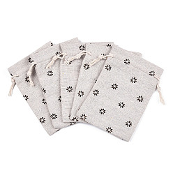 Wheat Polycotton(Polyester Cotton) Packing Pouches Drawstring Bags, with Printed Flower, Linen, 14x10cm