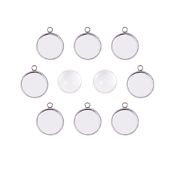 Stainless Steel Color DIY Pendant Making, 304 Stainless Steel Pendant Cabochon Settings and Flat Round Glass Cabochons, Clear, Stainless Steel Color, Cabochon Settings: 16.5x13.5x2mm, Hole: 1.6mm, Tray: 12mm, Cabochons: 12x6mm