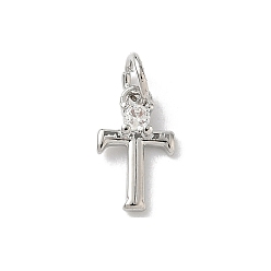 Letter T Латунные подвески из прозрачного кубического циркония, письмо амулеты, с целью перехода в кольце, стойки покрытие, долговечный, без свинца и без кадмия, платина, Письмо T, 12~12.5x3~10x2.3 мм, отверстие : 3.3 мм